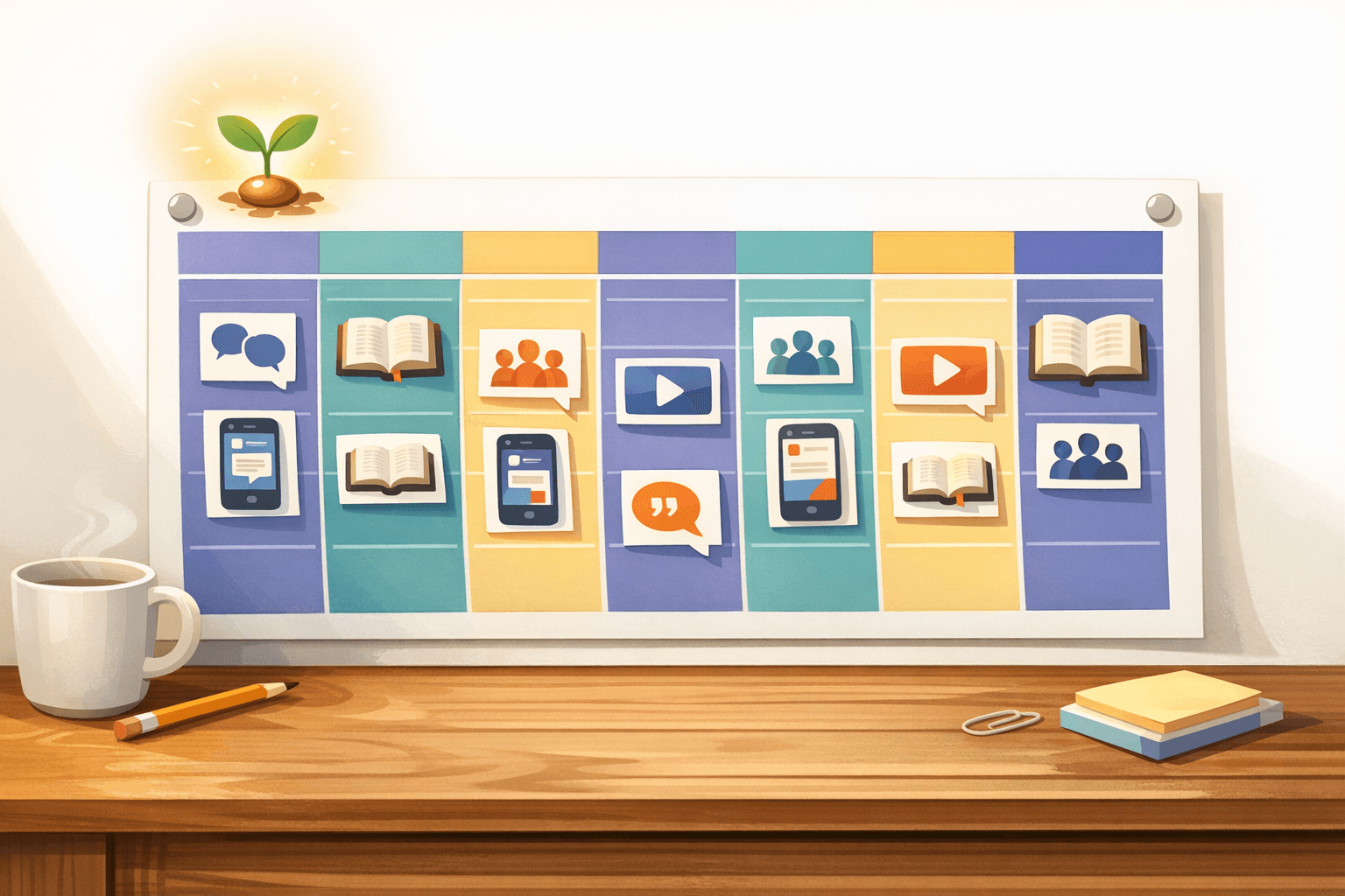 A church content calendar showing a week of planned social media posts, devotionals, and small group content derived from a single Sunday sermon