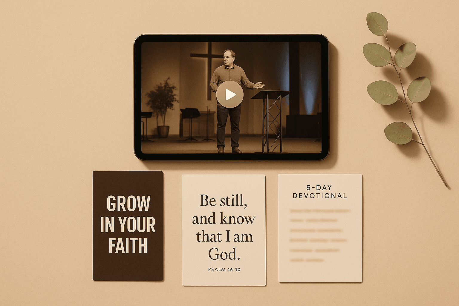 One Sunday church livestream repurposed into video clips, quote graphics, a devotional, and social posts for the week